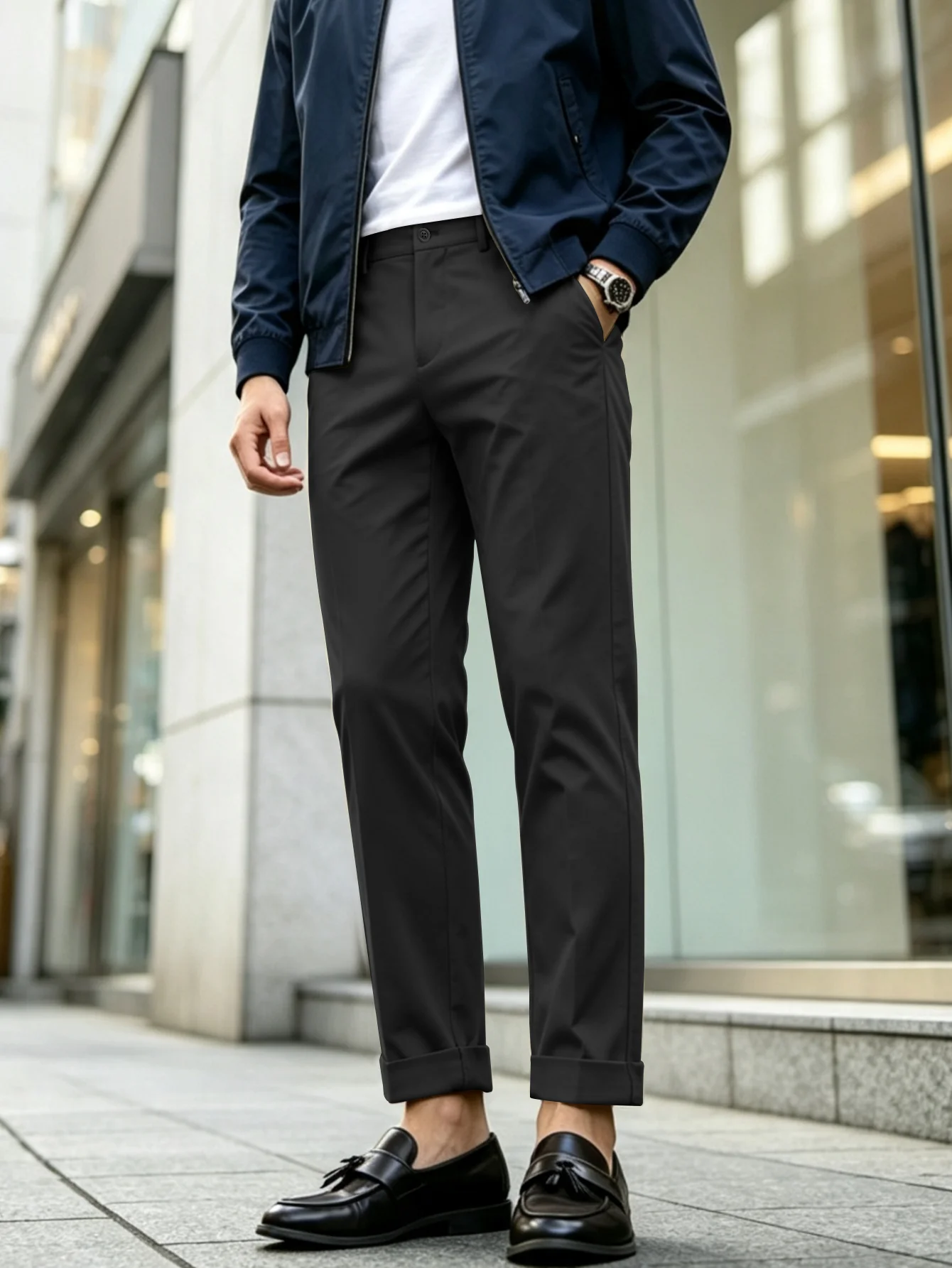 Men Solid Black Stretch Chino Trousers Rolled Hem Cropped Pants Slim Fit Business Office Casual DressStretchAnkleLengthWorkPants