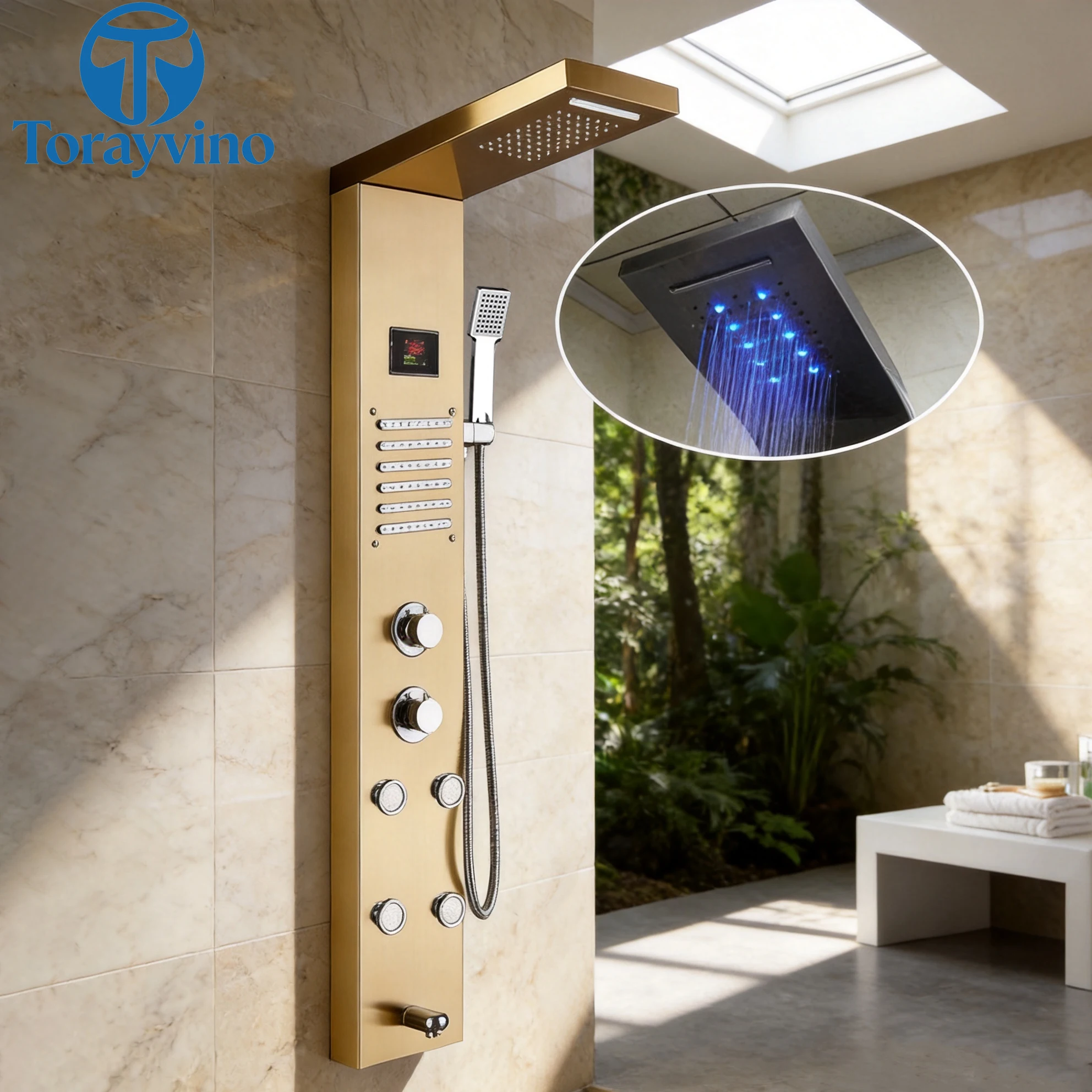 

Torayvino Bathroom luxury outdoor LED Shower Panel Set 4-way Rainfall Shower system Set Column Rain Massage Shower System faucet