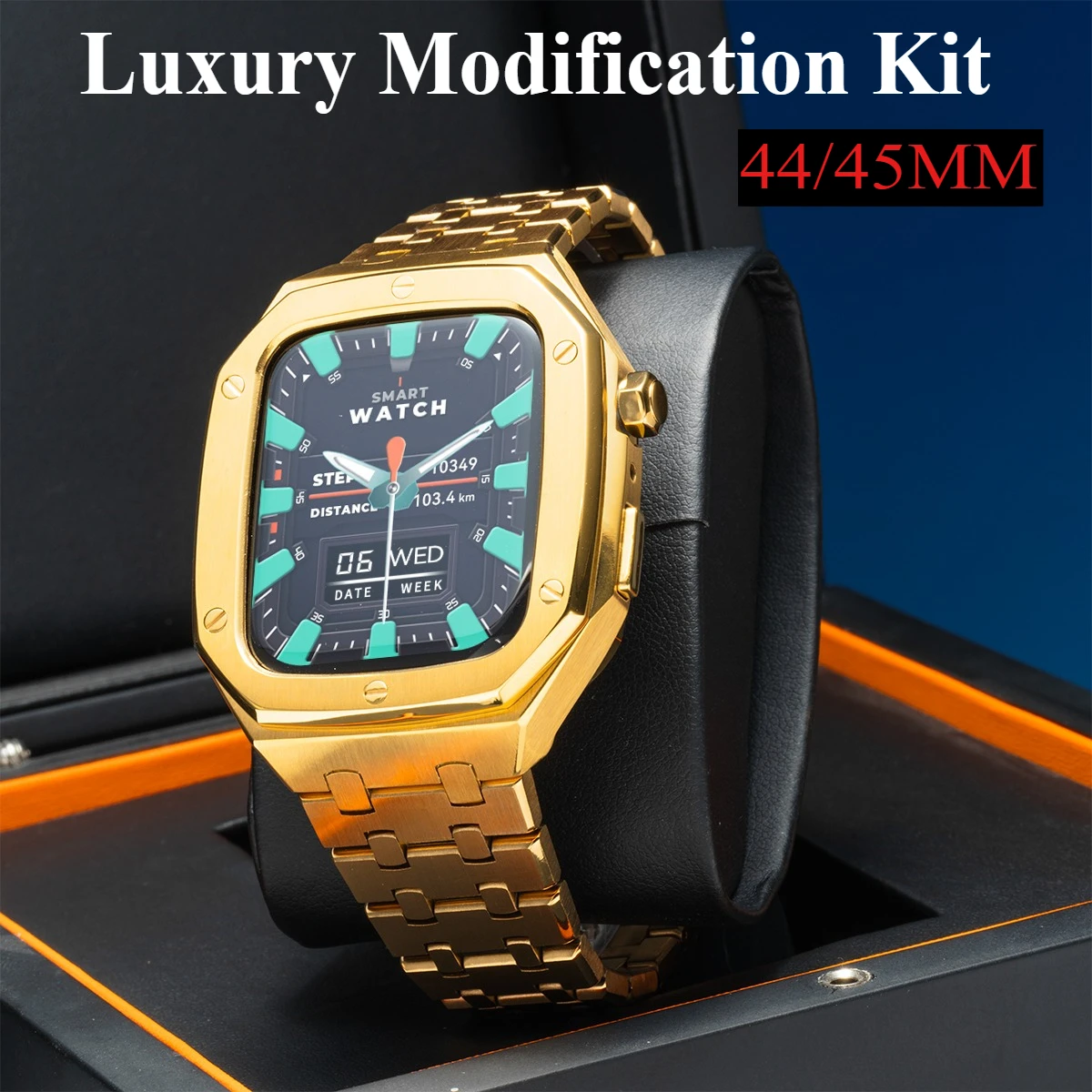 Luxury Modification Kit for Apple Watch 44mm 45mm Stainless Steel Case for IWatch 9 8 7 6 6 5 4 3 SE3/2 Folding Clasp Sport Band