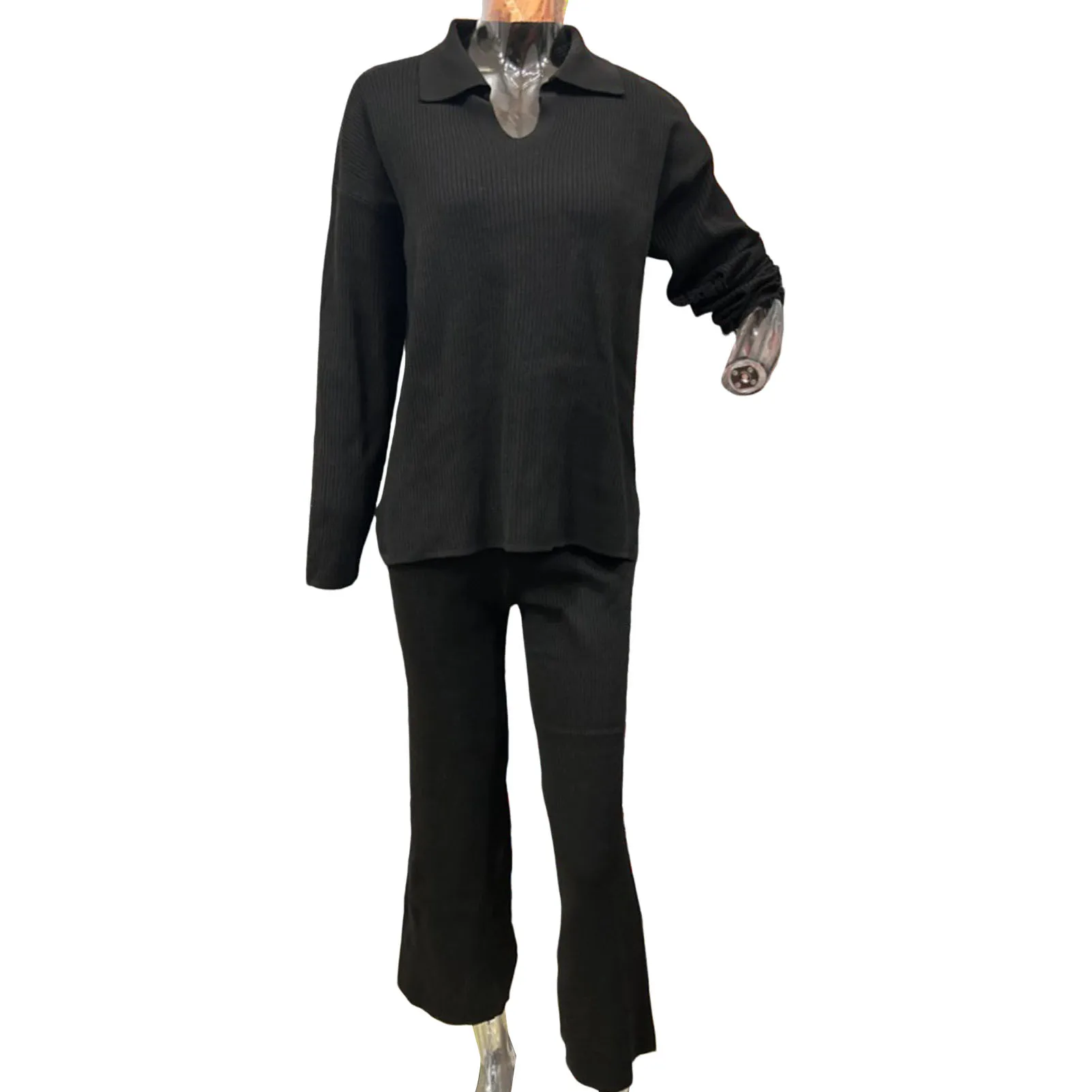 ฤดูใบไม้ร่วงฤดูหนาวผู้หญิงถักชุดสองชิ้นเสื้อกันหนาวผู้หญิง Tops Elastic เอวกางเกงถักชุดผู้หญิง2...