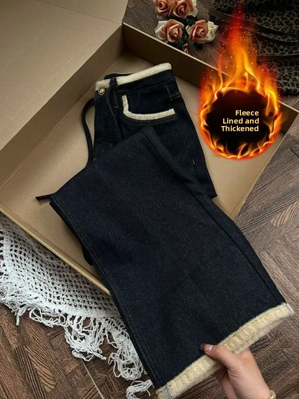 

Retro Fce Lined Thi Straight Leg Jeans Women's Autumn Winter plus Size Design High Waist Loose Slimming Wide Leg Pants