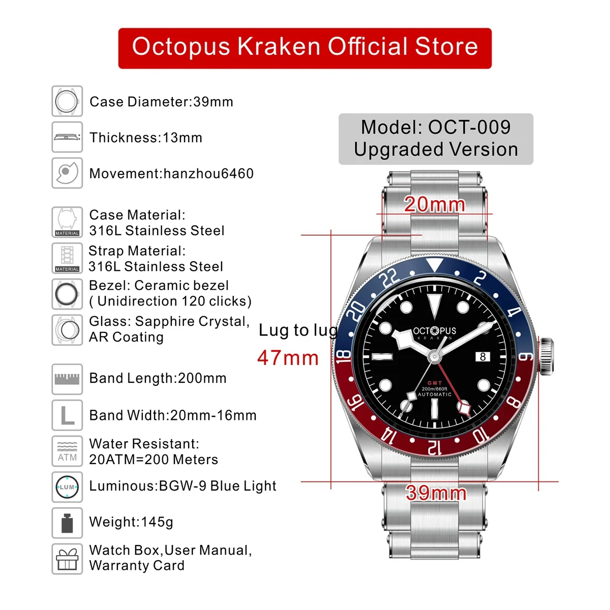 Octopus Kraken 39mm 6460 Men's GMT Automatic Mechanical Watch Luxury Sapphire Stainless Steel Waterproof Sport 10Bar Glow Watch