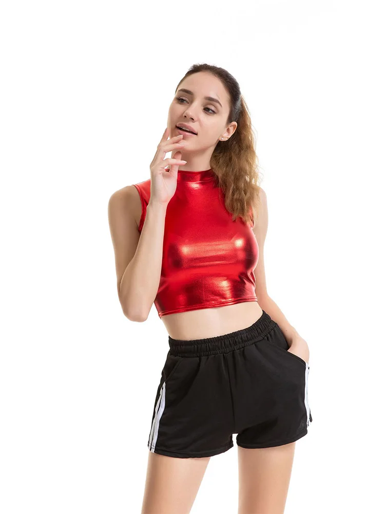 Women Crop Top Shiny Material Leather Sleeveless Vest Sports Tank Tops Gold Silver Shining Colorful Green Red Clothes