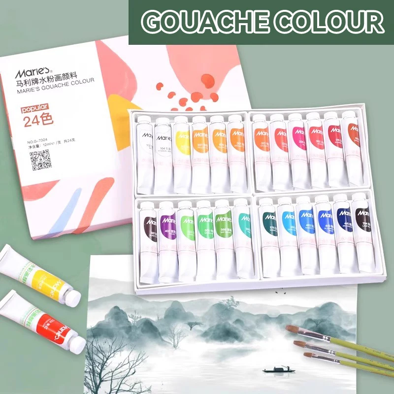 Maries Gouache Paint Set 24 Colors 5ml Tubes Non-Toxic Watercolor Paint For Canvas and Paper Paintings Artist Beginners Students