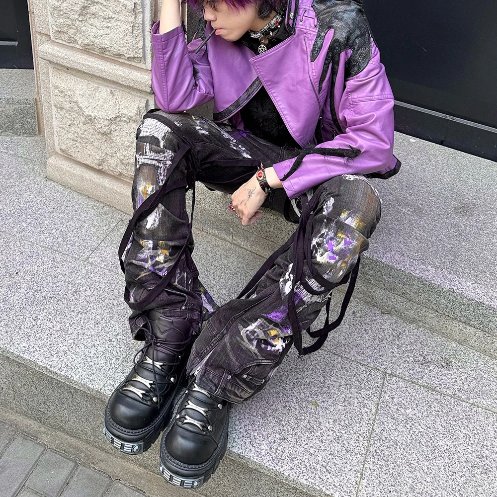 블랙 그래피티 찢어진 태슬 스트랩 남성 청바지