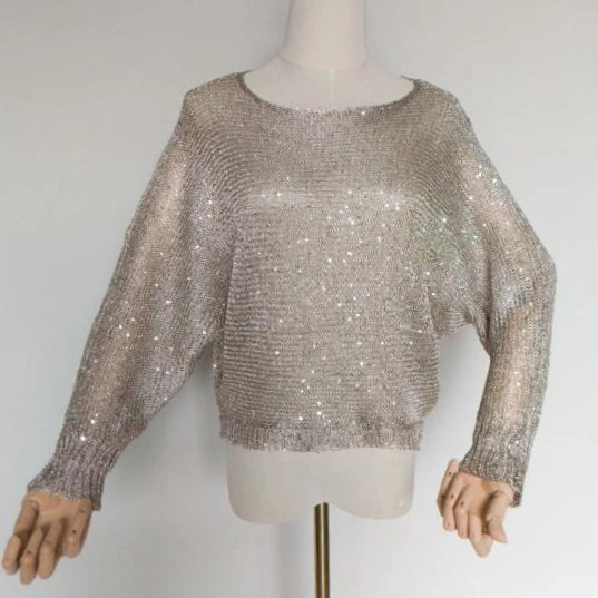 Shiny Sequin pullovers Women Long Sleeve Pullover tops women Golden Basic Shirt Sequin Knit Tops