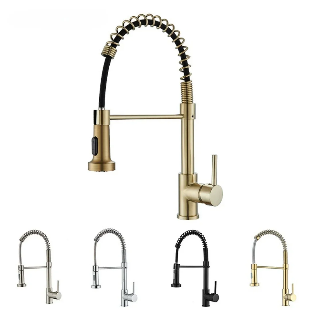 Brushed Gold Kitchen Faucets Brass Antique Bronze Spring Sink Faucet Brass Spring Spout Mixers Tap Hot and Cold Water Crane