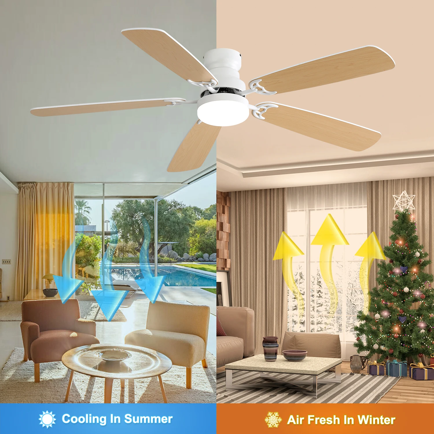 Ventilador de teto com controle remoto para sala de estar, regulável, 6 velocidades do vento, 5 lâminas, 52 in, Nordic Home