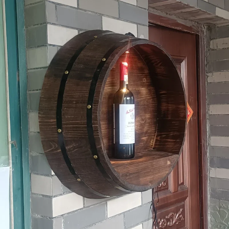 Solid Wood Half Barrel Wine Holder, Wall-Mounted Oak Barrel with Lid, Rustic Decor for Bars  Wineries, Red Wine Barrel Display