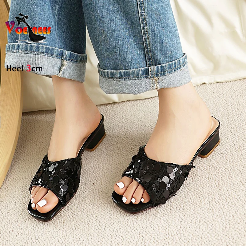 

Женские уличные босоножки на низком каблуке, элегантные сандалии без задника с блестками и квадратным каблуком, лето 2024