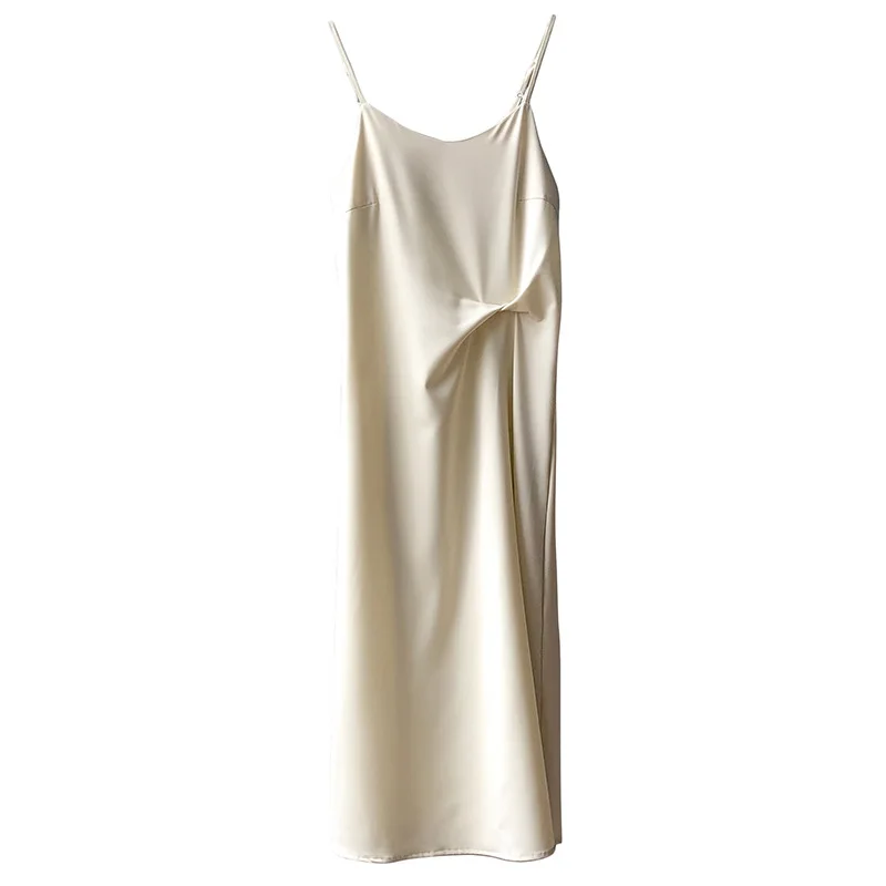 Robe Longue en Satin de Couleur Unie pour Femme, Vêtement d'Extérieur en Mousseline de Soie, Coupe Droite, Longueur aux Genoux, Élégante, pour le Bureau, Nouvelle Collection Été 2024