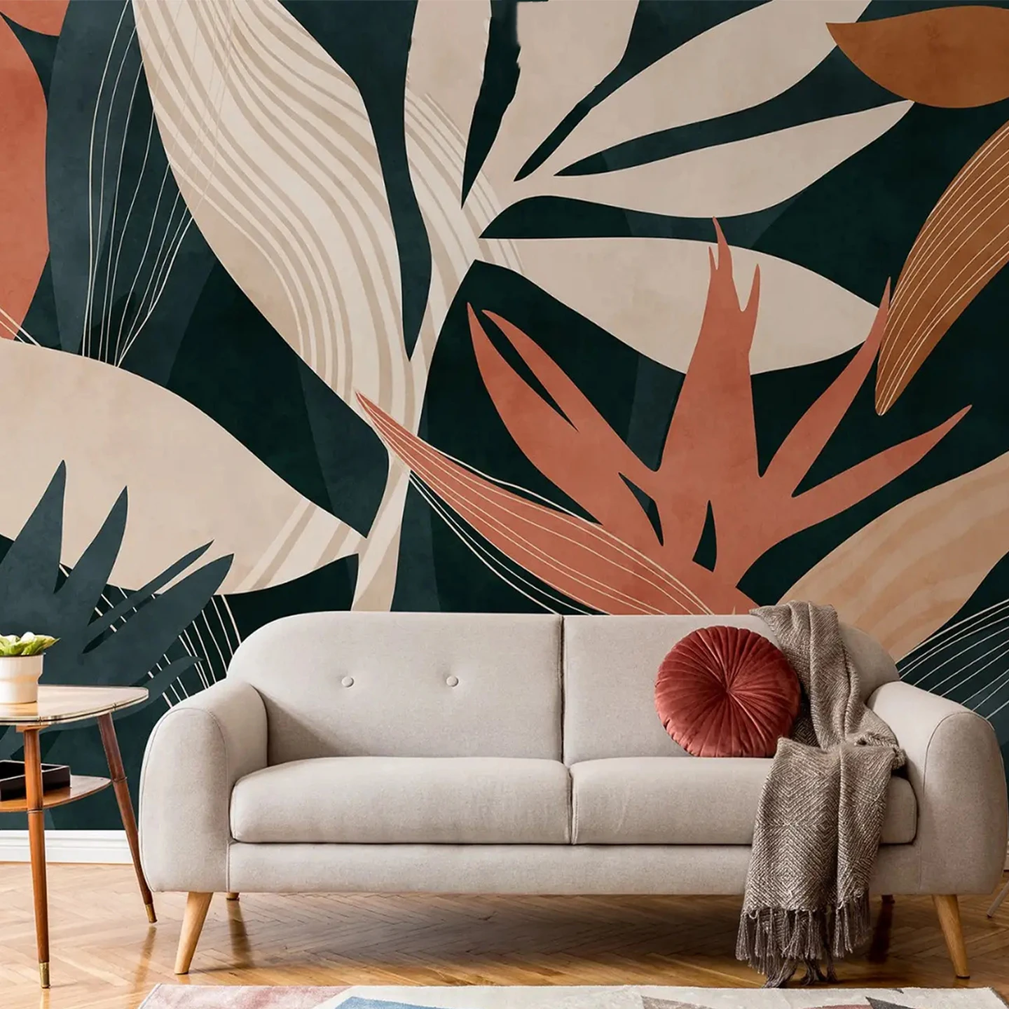 Nordic hand-painted oil painting 3d wallpaper staircase entrance American retro leaf wall paper TV background wall