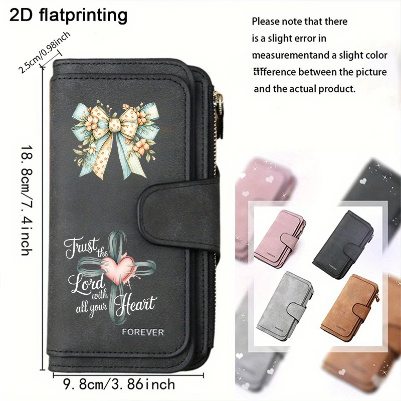 Cross Heart Faith Quote Floral Bow Lange Geldbörse mit Reißverschluss und Schnalle, Handtaschen, Münzgeldbörse, weiches PU, Multi-Kartenhalter, Tasche mit großem Fassungsvermögen – Detail 1
