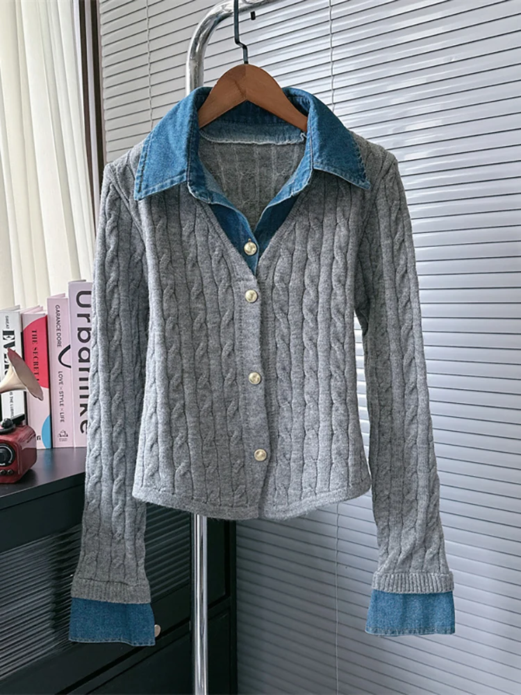 DEAT damski sweter dziergany Patchwork Denim fałszywy 2 szt. Slim skręcić w dół kołnierz rozciągliwy sweter wiosna 2025 nowych moda 29L8343