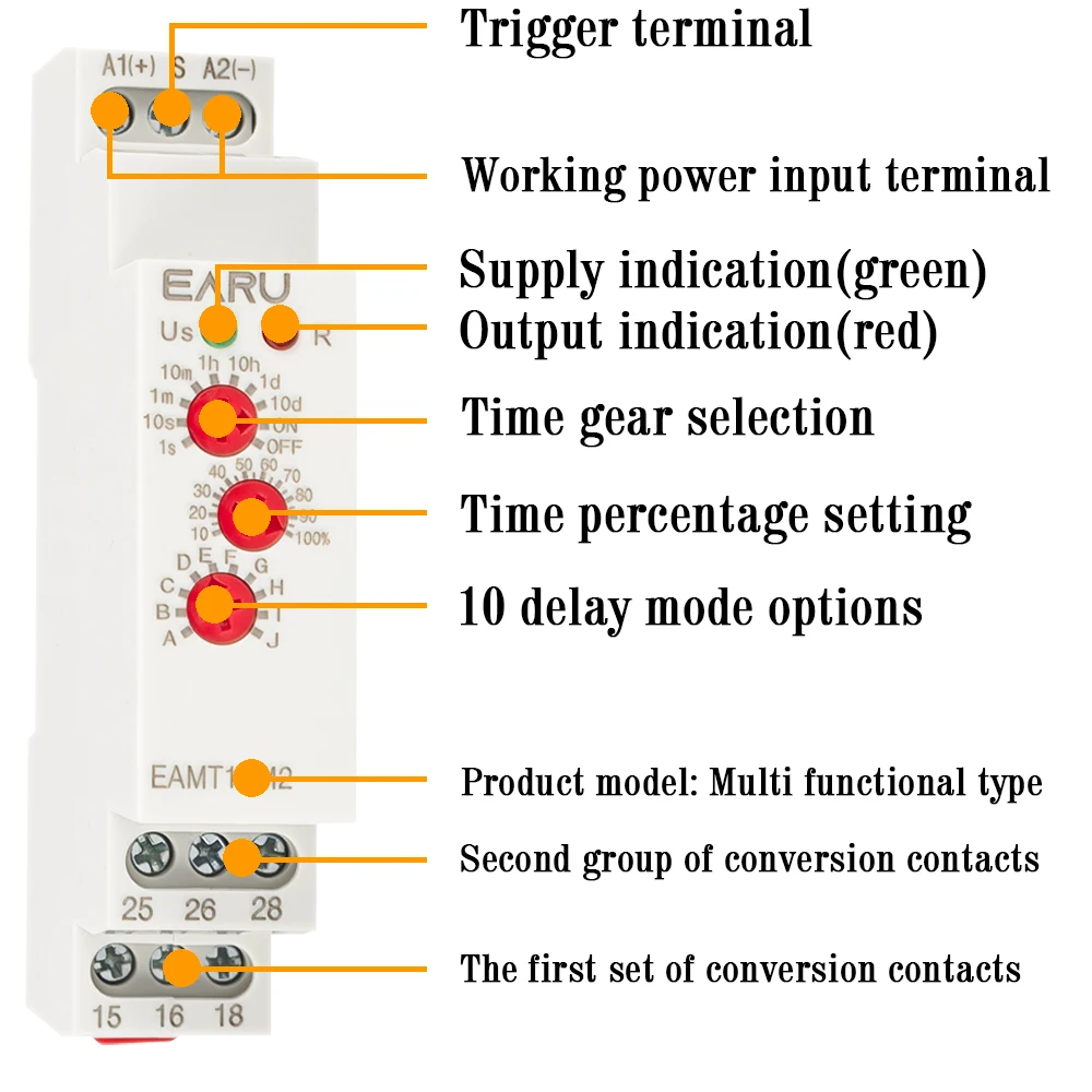 12-240V AC DC Din Rail Type 0.1 second -10 days Time Delay Relay 16A 250VAC Multifunction Timer Relay with 10 Function Choices