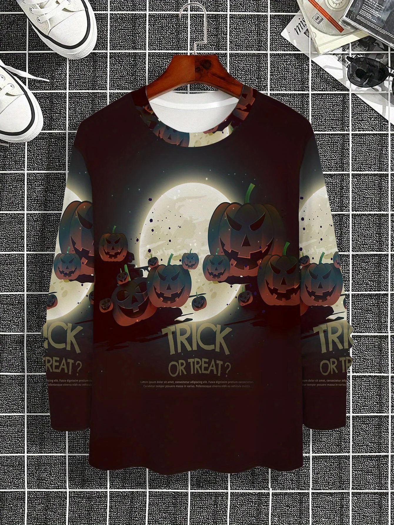 Men's Long Sleeve T‑Shirt Pumpkin Moon Trick Or Treat Halloween Print Crew Neck Casual Streetwear Top