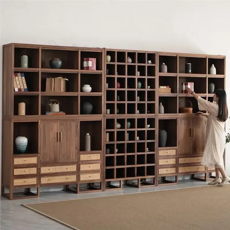 New Chinese black walnut solid wood whole wall bookcase, combined floor-to-ceiling living room bogu shelf
