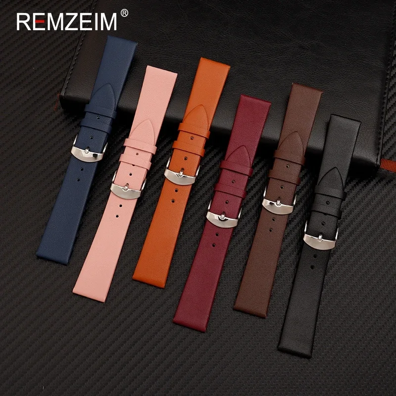 Soft Ultra Thin Leather Watchband Leather Watch Strap 14mm 16mm 18mm 20mm 22mm Silver Stainless Steel Buckle Men Women Watchband