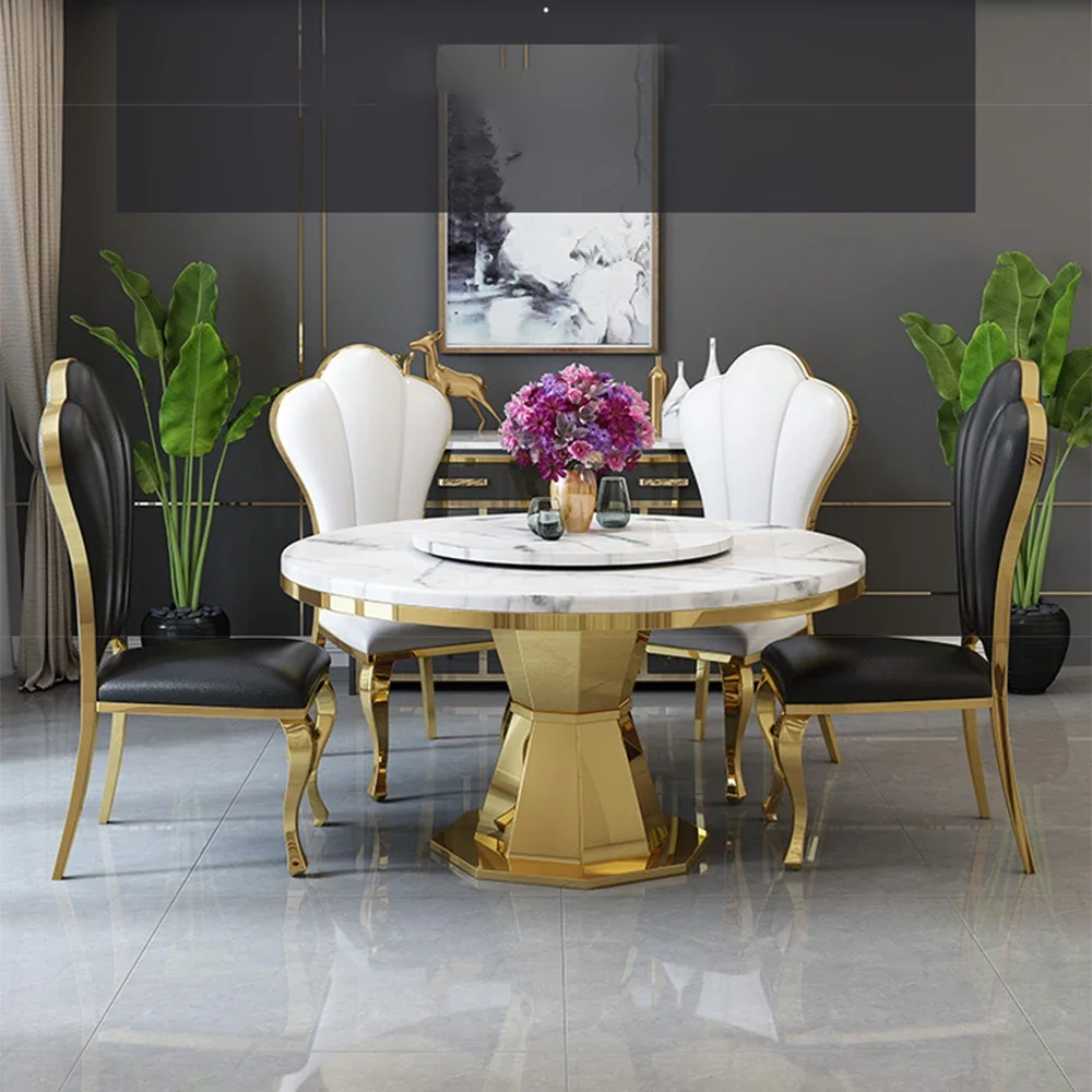 Premium Stainless Steel Dining Room Set Home Furniture Modern Roundle Marble Dining Table