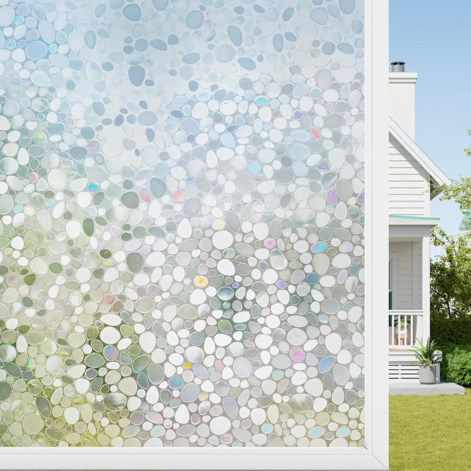 Fenster-Sichtschutzfolie, Buntglas-Regenbogenfolie, dekorative Sonne, UV-blockierende Fensterverscheiben für Glastüren, Zuhause, klarer Kieselstein