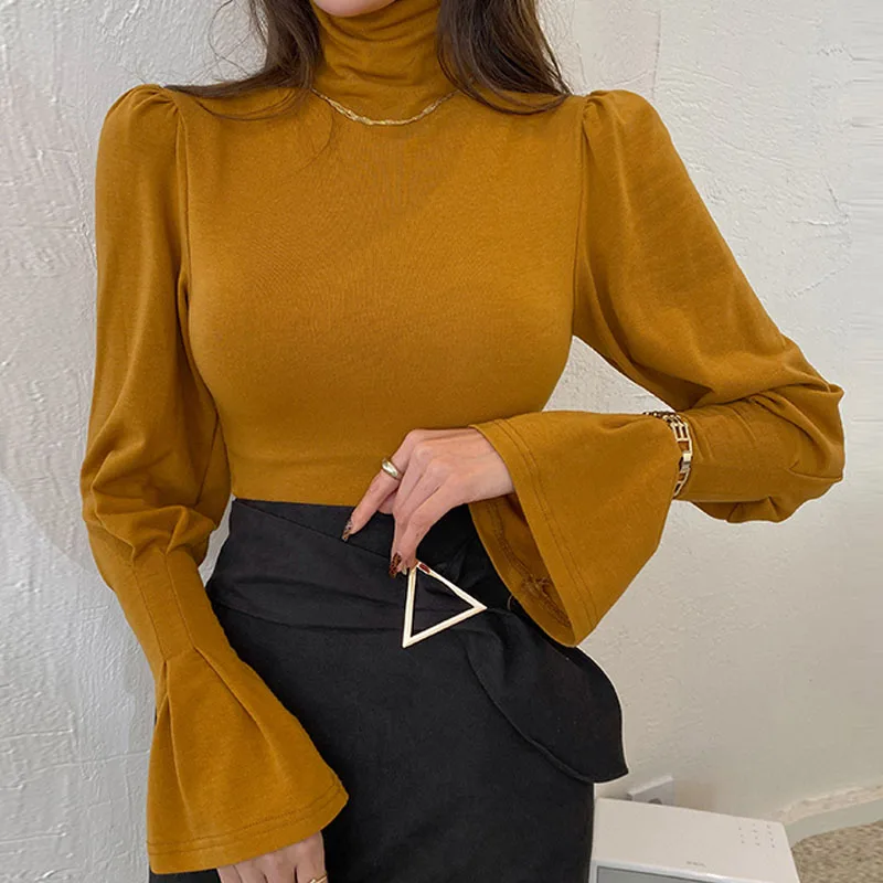 Matakawa Ropa Mujer Solid dolcevita Solid Puff Sleeve Office Lady autunno inverno T-Shirt donna top elegante All Match T Shirt