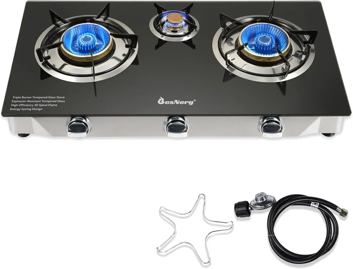 3 Burner Propane Gas Stove with Auto Ignition, 34000 BTU High-Efficiency Heavy-Duty Tempered Glass Cooktop, CSA Regulator