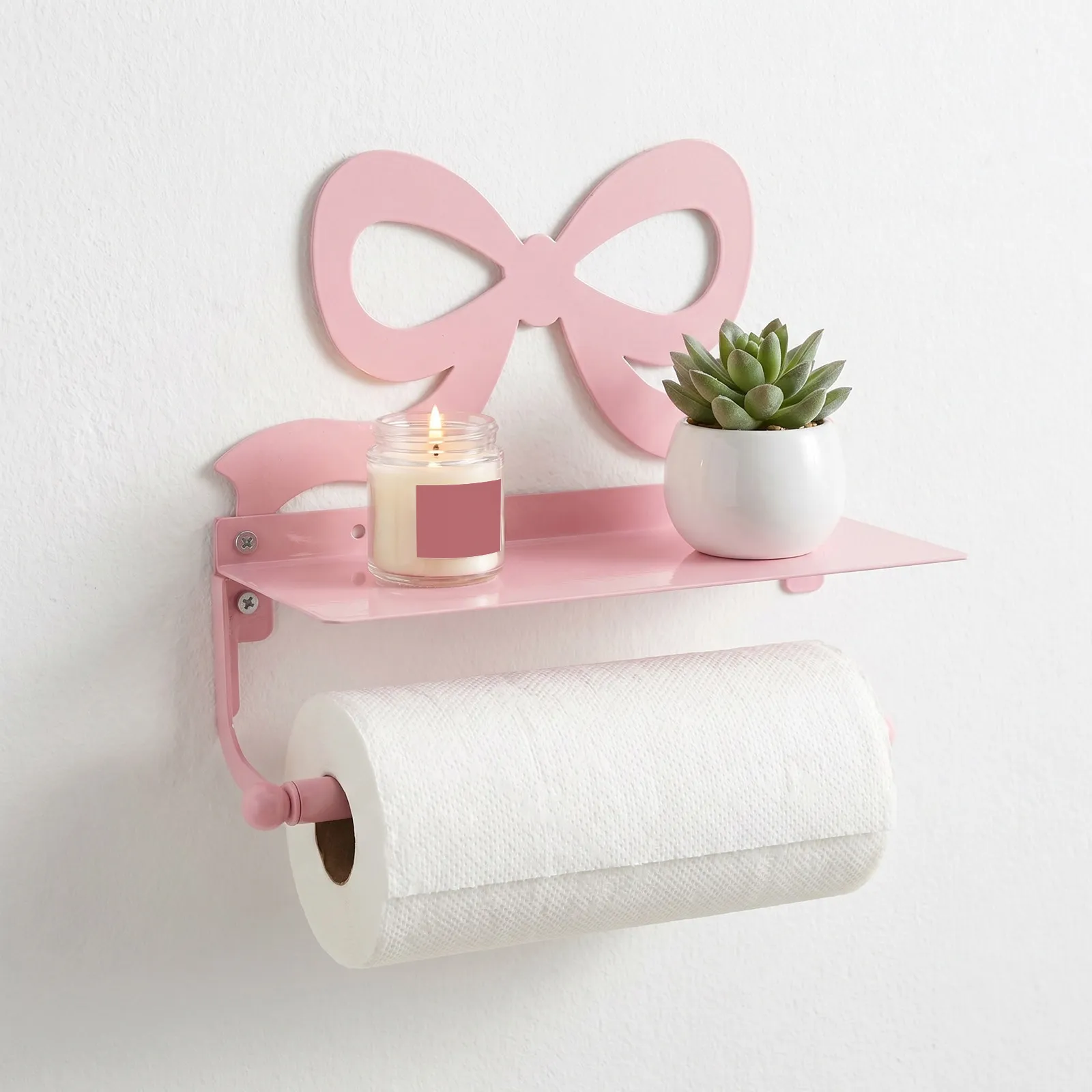 Pink Bow Metal Wall Mounted Toilet Paper Holder Bathroom Tissue Roll Rack Phone Shelf Decorative Organizer Waterproof Heavy Duty