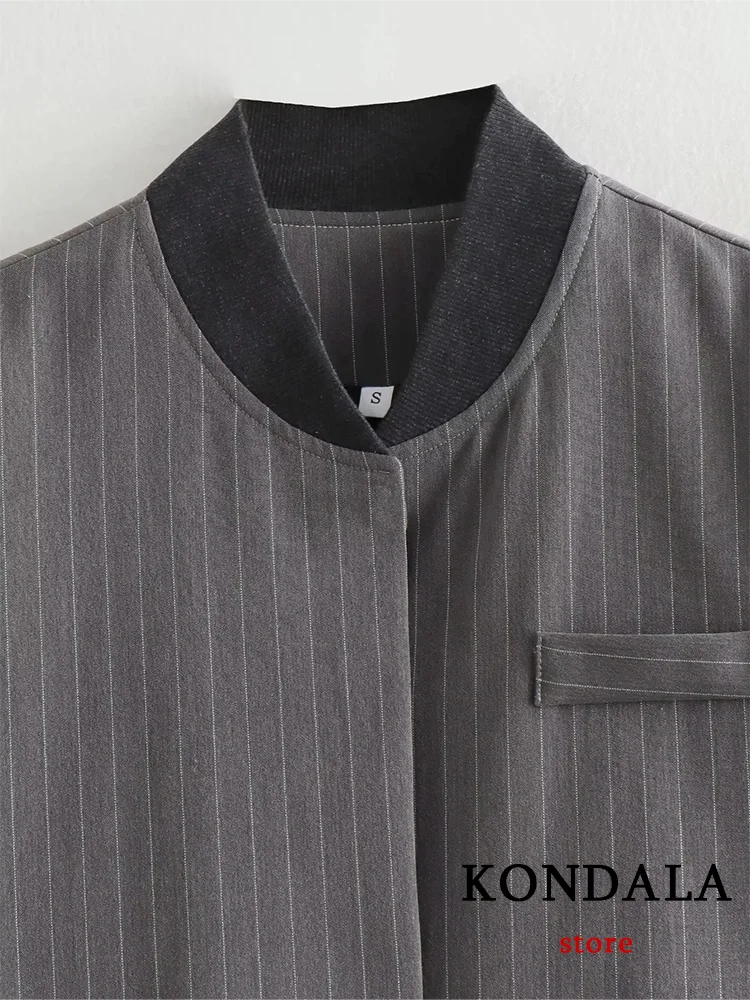 KONDALA Casual Chic Gray Striped Women Suit O Neck Blazer Straight Loose Pants New Fashion 2024 Autumn Winter Office Lady  Sets