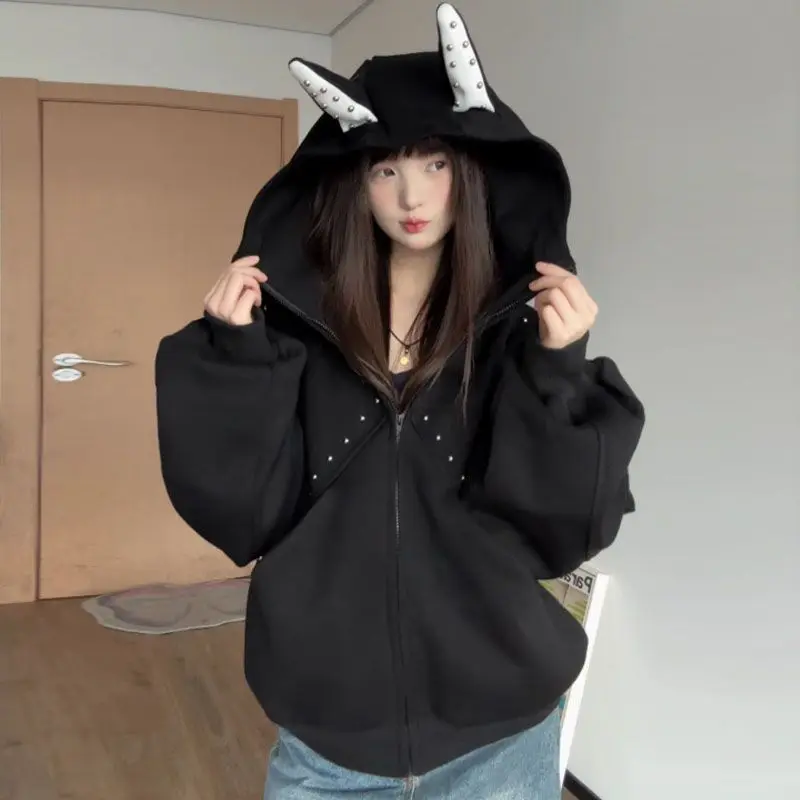 Y2K Vintage Cute Devil Ear Studded Zip Up Hoodie Women's Loose Fit With Pocket Casual Streetwear Daily Wear Sweatshirt Jacket