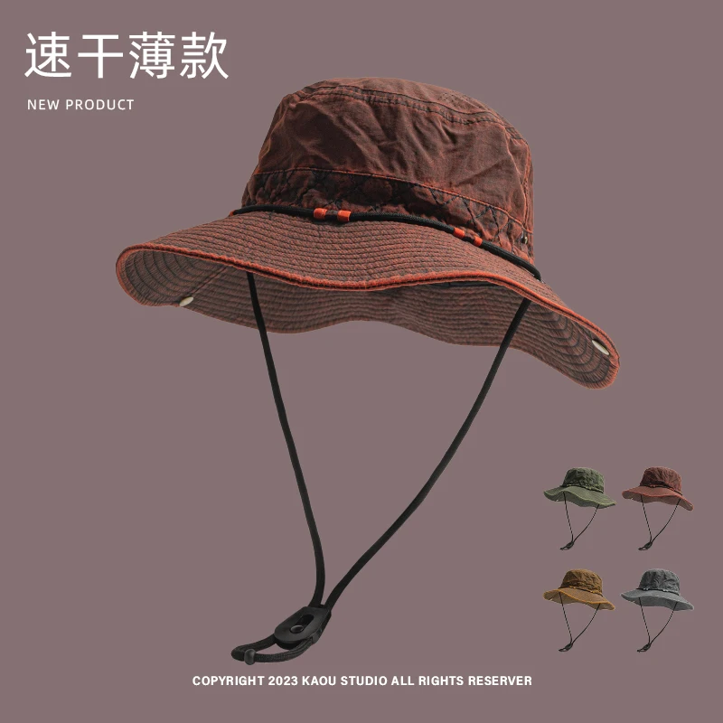 Japanese Retro Old Craft Drawstring Bucket Hats Women Summer Outdoor Camping Sun Protection Mesh Breathable Hilking Caps Men