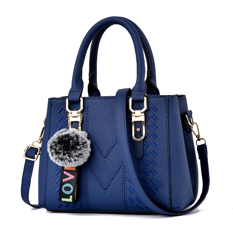 New women\'s handbag Fashion embroidery thread with hairball pendant large capacity shoulder bag travel Tote bag 01