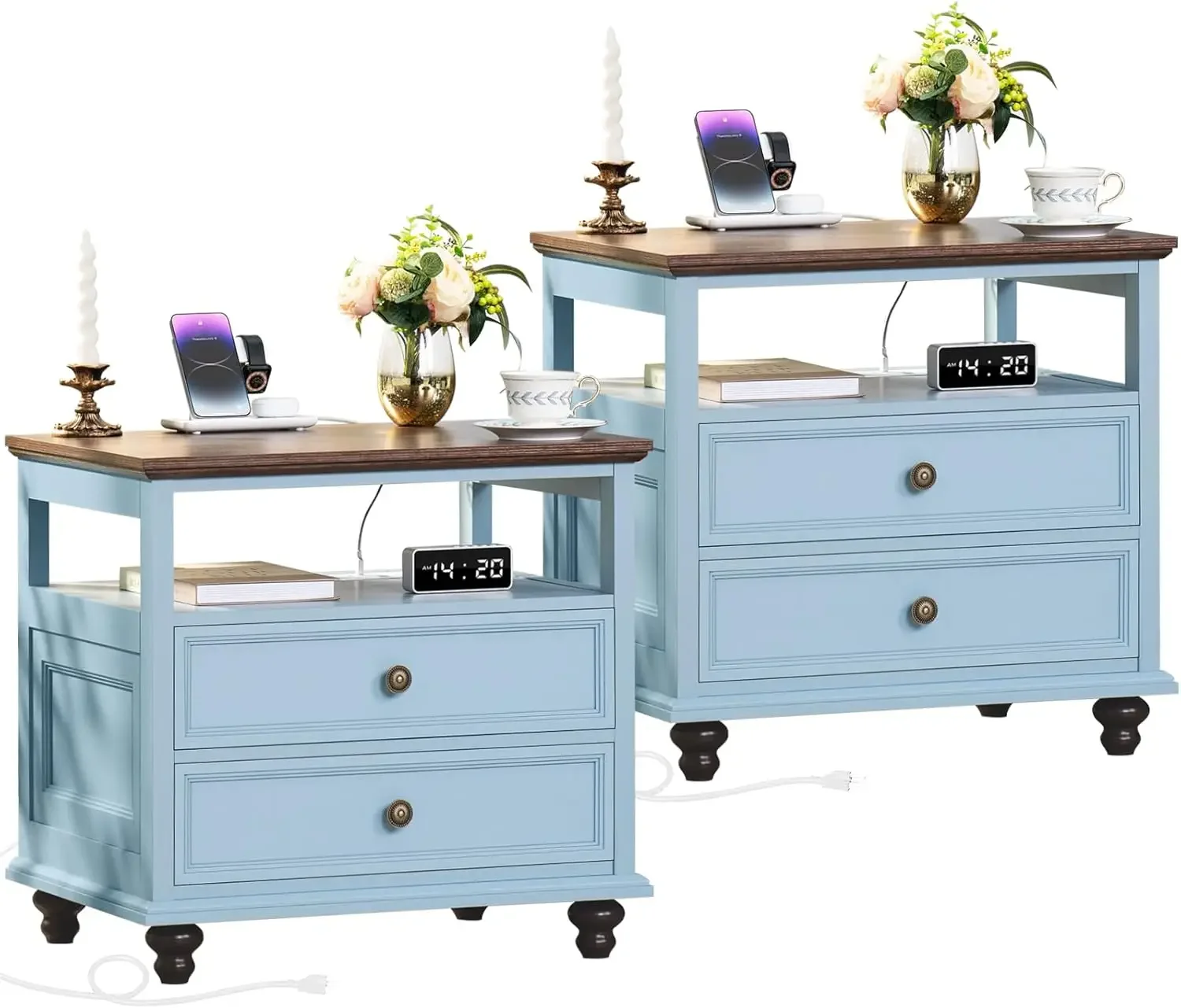 with Charging Station,  Wide End Table with Drawers,Light Blue Dresser for Bedroom,Bed Side Table Chest of Drawers Cabinet