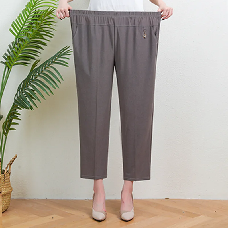 8XL Summer Thin Ice Silk Elastic Pants Solid Color High Waist Loose Casual Pants Middle aged Female Elastic Straight Leg Pants