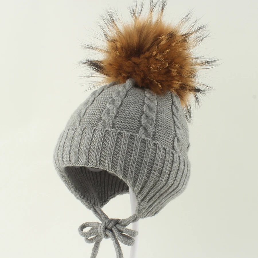 حقيقي الراكون الفراء Pompom قبعة الأطفال فتاة صبي شتاء دافئ زائد المخملية محبوك الصوف بيني للأطفال في الهواء الطلق إيرفلاب قبعة الطفل #6