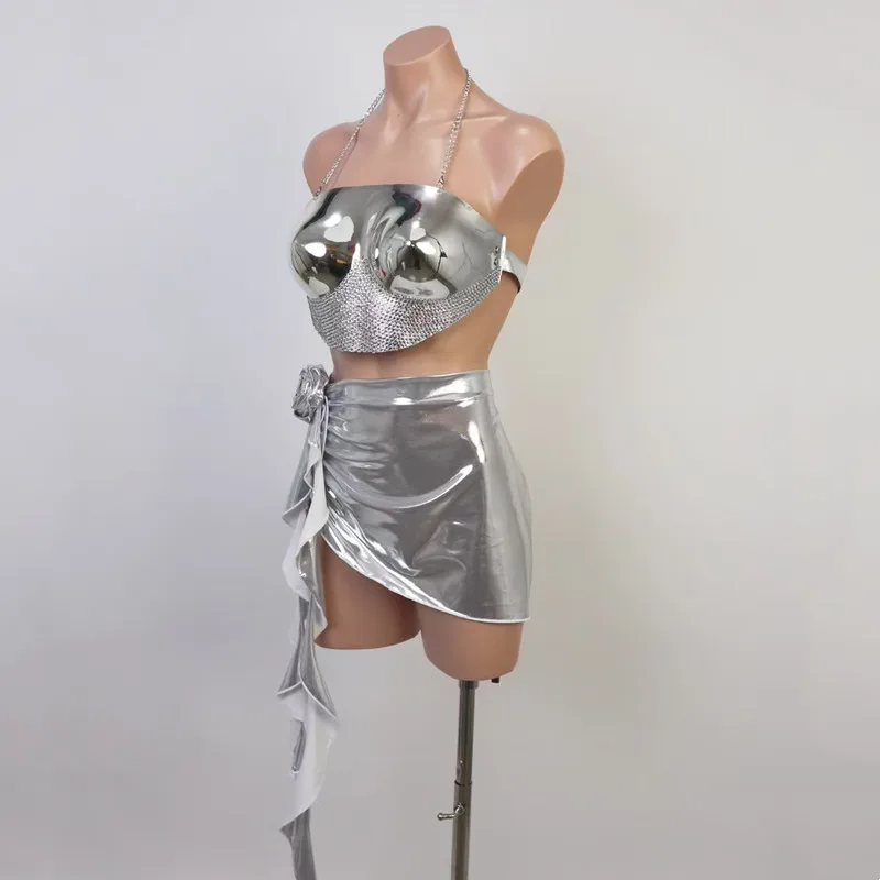ملهى ليلي بار المرأة المغني مثير المرحلة ارتداء الذهب الفضة الراين حمالة تنورة صغيرة 2 قطعة مجموعة تظهر سحب الملكة زي #4