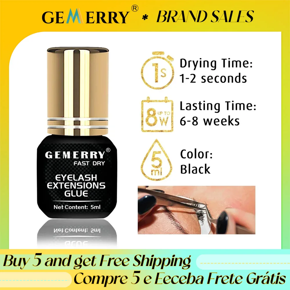 GEMERRY 5/10ML Eyelash Glue Fast Drying Eyelashes Extension Glue Black Adhesive Retention 3-6 Months Long Last Lash Glue