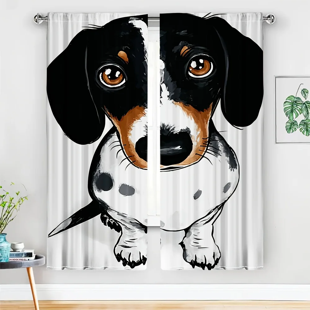 2 Cortinas com Ilustração de Dachshund Sem Varão — Fundo Branco com Adorável Cão Salsicha Preto e Bege, Poliéster Transparente para Sala de Estar