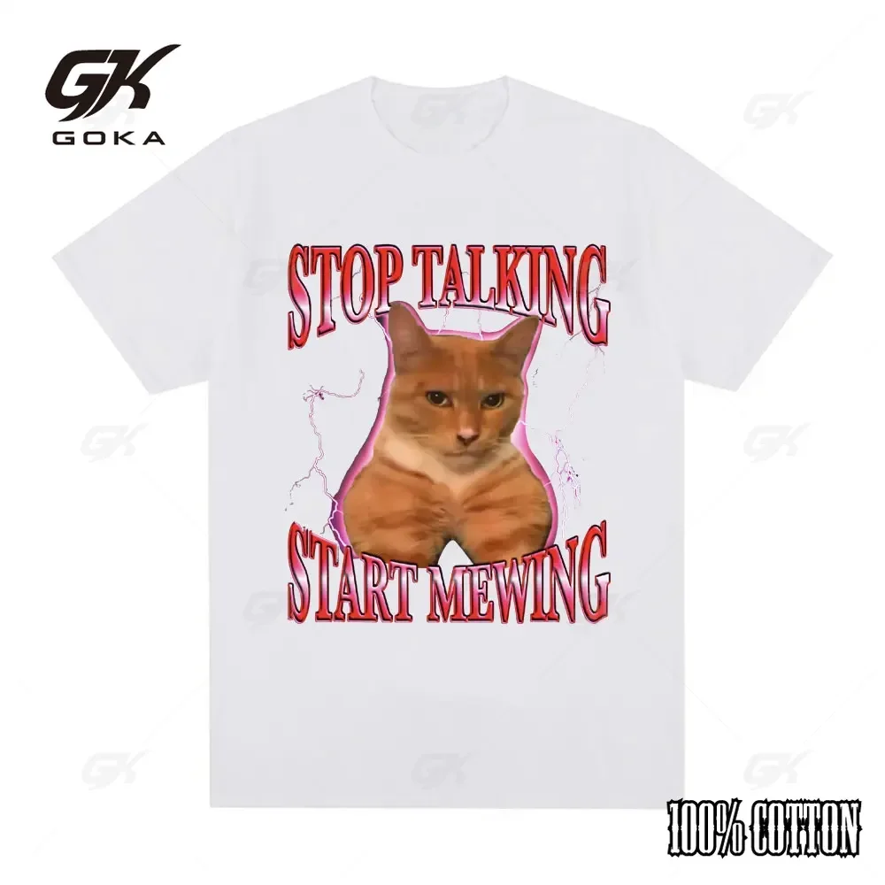 Stop Talking Start Mewing T-shirt Fun and Cute Cat Emoji Short sleeved Tshirts Comfortable Loose men clothing