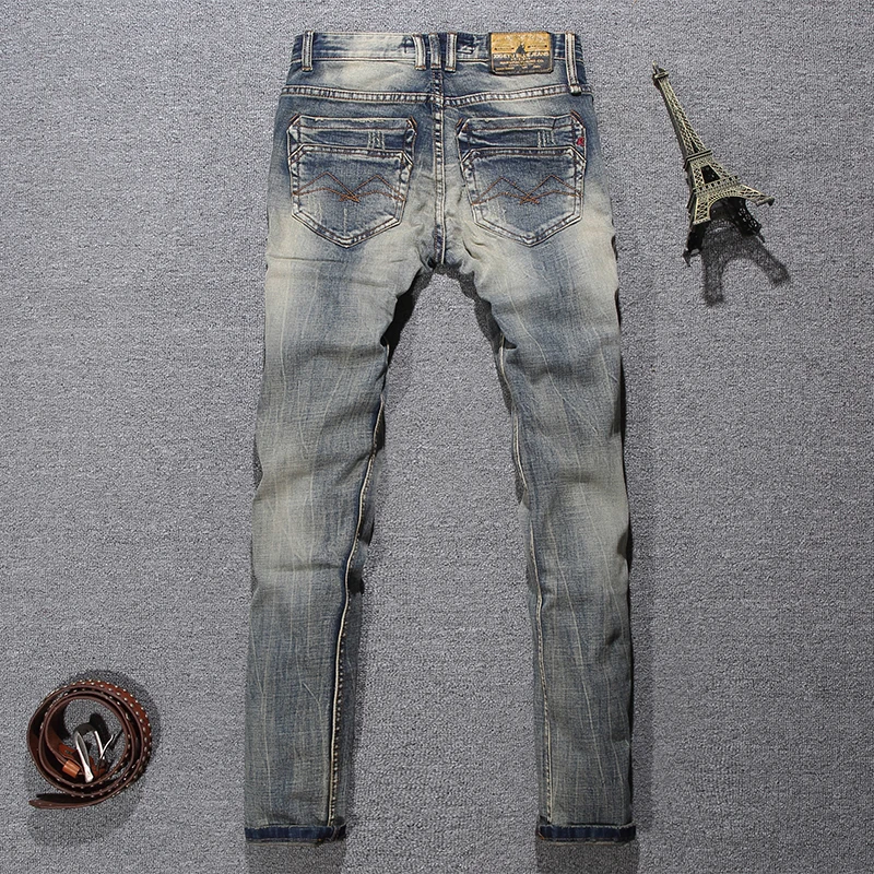 Italian Style Fashion Men Jeans Retro Washed Stretch Slim Fit Ripped Jeans Men Vintage Trousers Designer Denim Pants Hombre