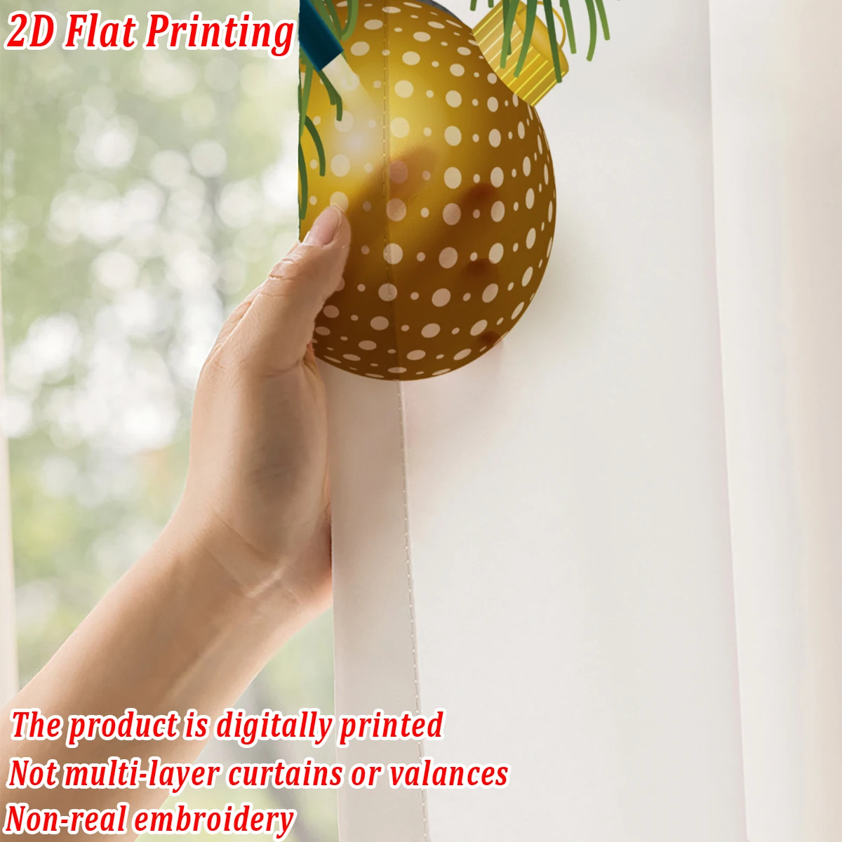 Cortina transparente con estampado plano de Navidad con bola navideña, ramas de pino de visco para decoración de sala de estar y dormitorio, fiesta navideña