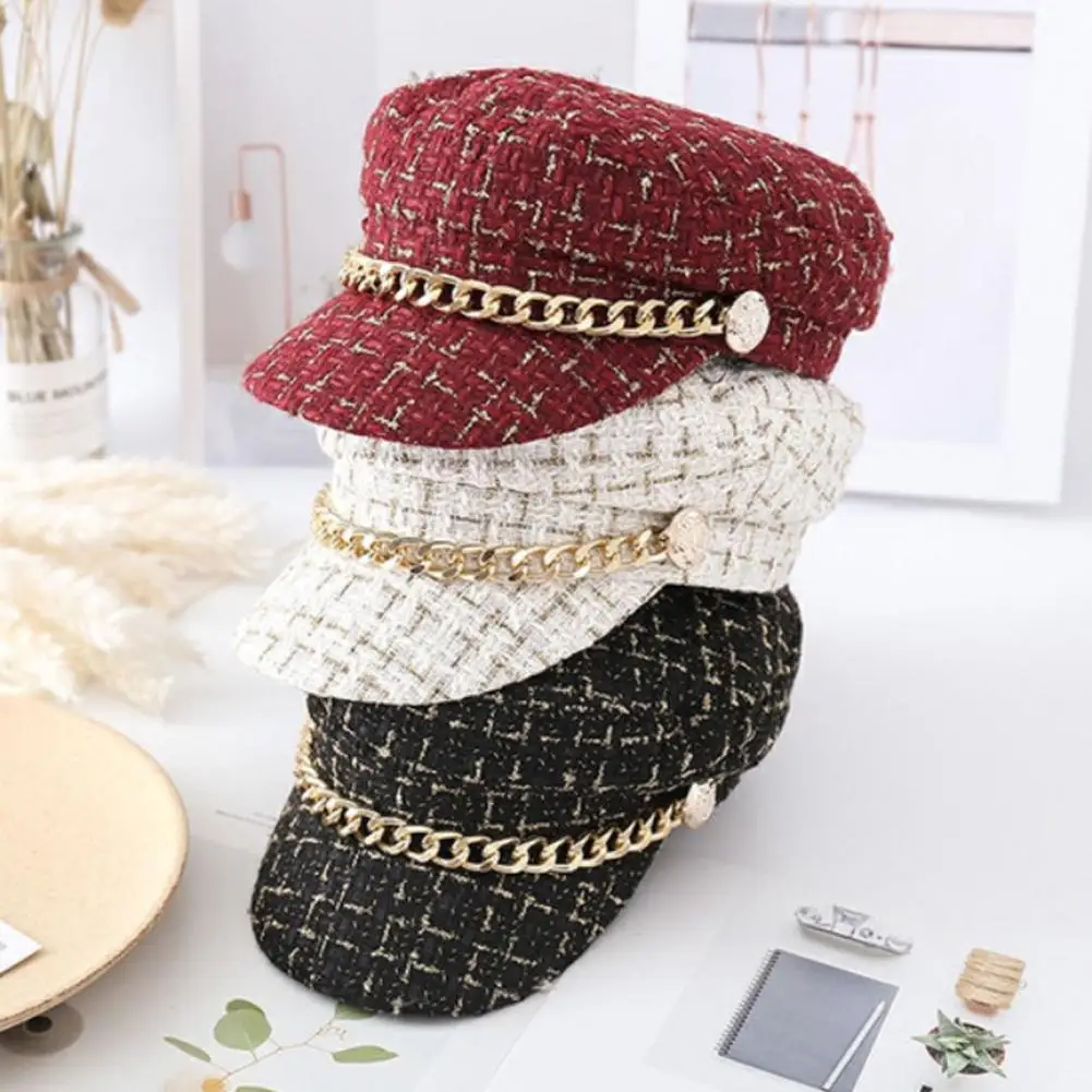 Beret Hat Chain Ornament Sun Breathable Retro Style Non Fading Keep Warm Cotton Women Winter Autumn Beret Flat Cap