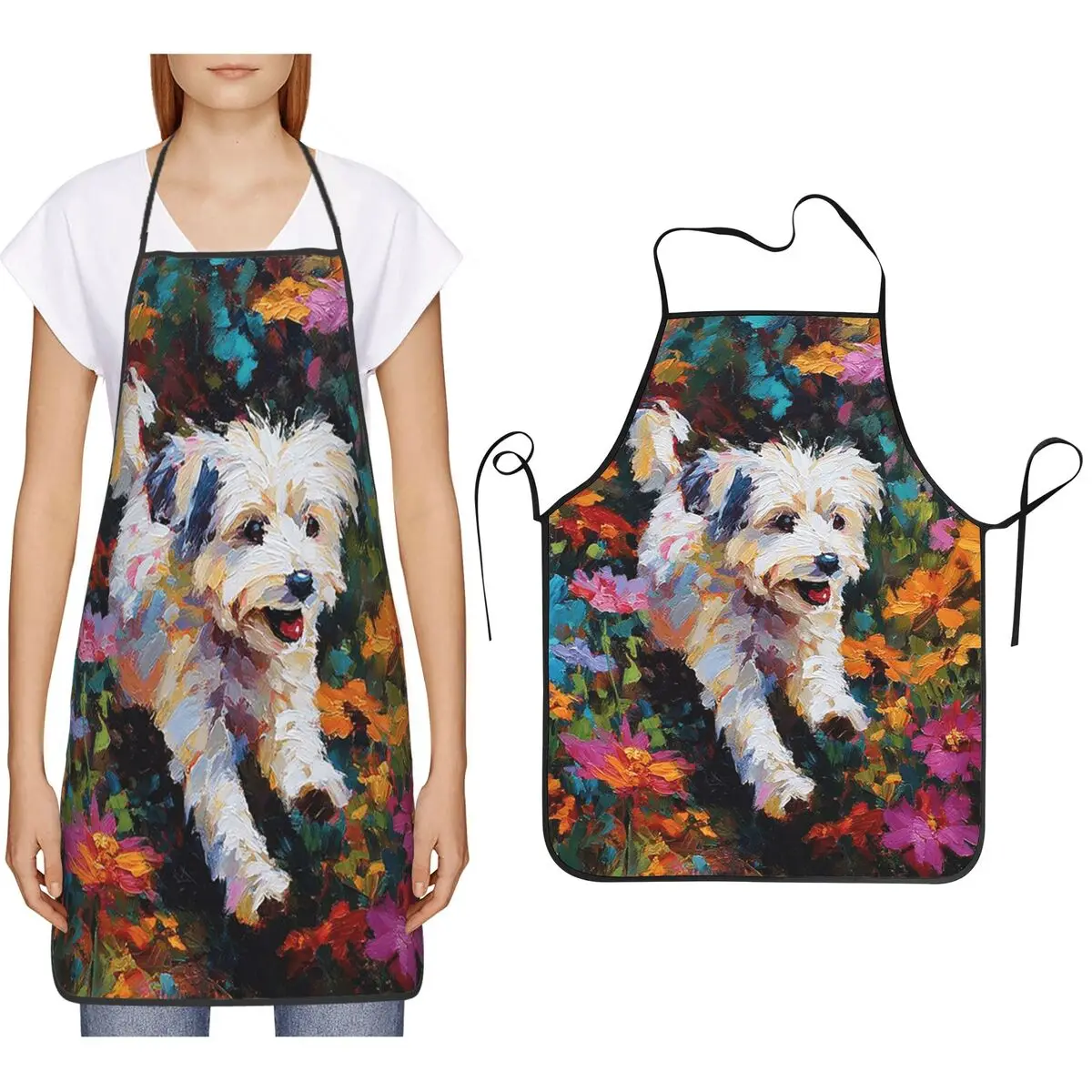 Ein Havanese-Hund spielt in einem lebendigen Blumengarten, Dogs In Motion 1 Schürze für Köche, zum Kochen und Backen, Tablier-Lätzchen, Schürze für die Küchenreinigung