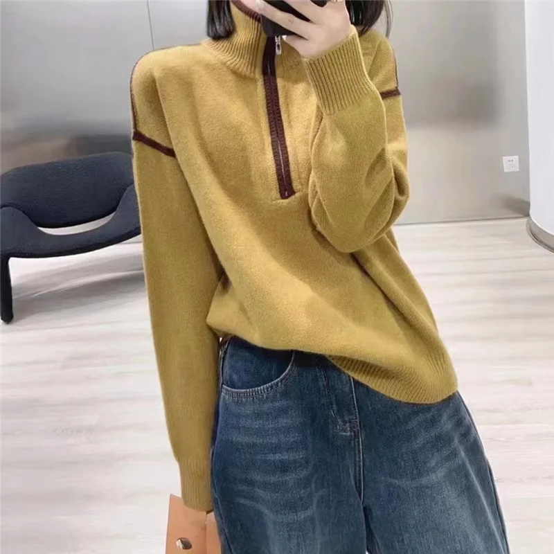 Casual patchwork color half zipper turtleneck cashmere sweater women fall winter pullover sweater loose knit sweater