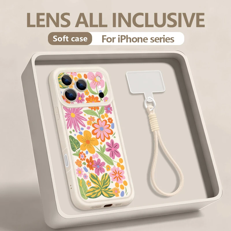 Wrist Strap Lanyard Phone Case For iPhone 18 17 Pro Max 17E 16 14 15 Pro 12 13 Pro Max Cartoon Flower Printed Soft TPU Cover view 2