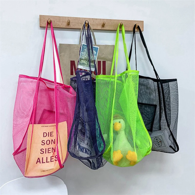 

Transparent Colorful Mesh Beach Shopper Bag For Women Girls Extra Large Capacity Travel Shoulder Bags Simple Fashion Organizer