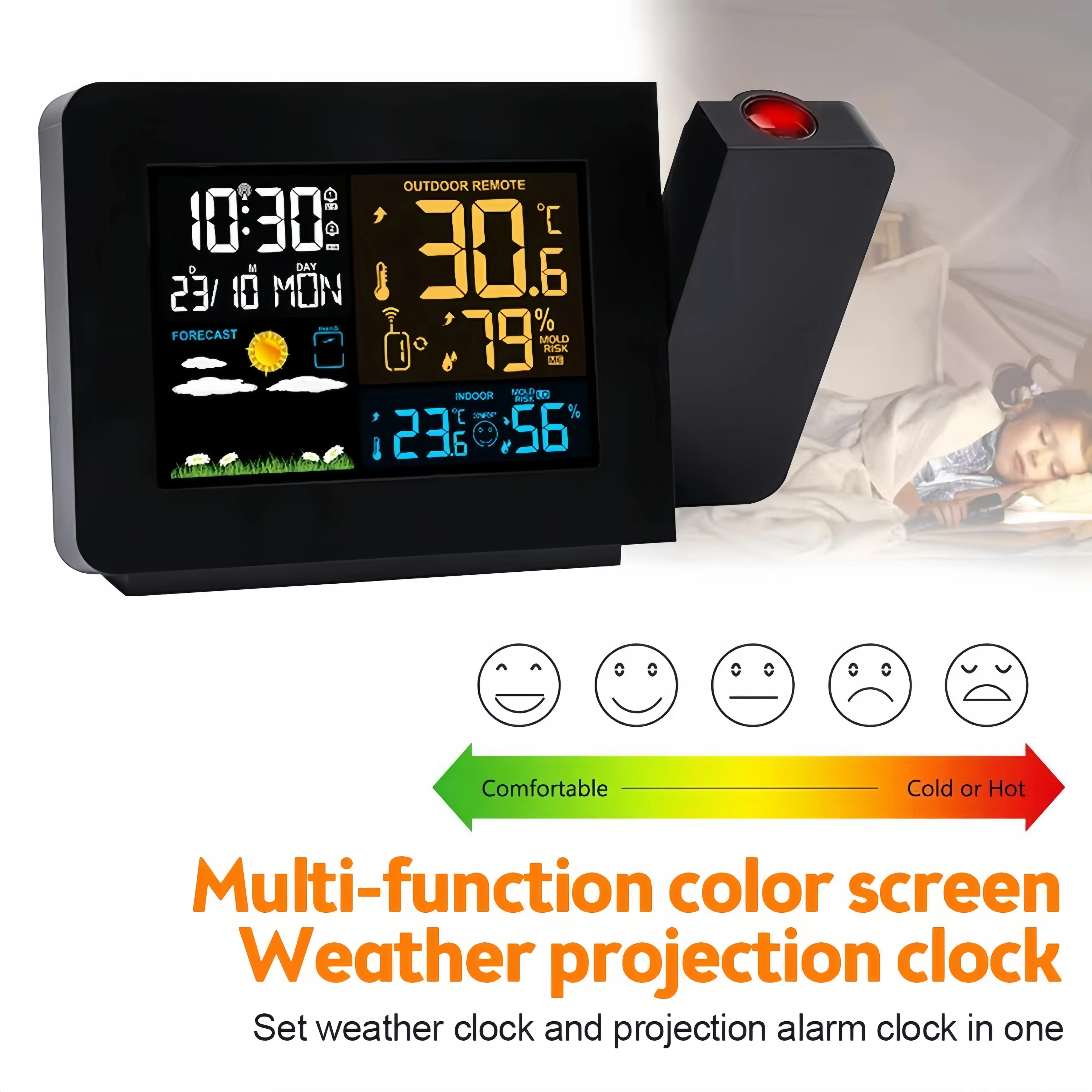 LED Indoor Outdoor Temperature Humidity Meter | Multifunction Projection Alarm Clock with Weather Forecast | for Home/Office