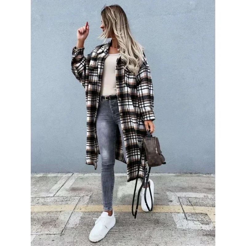 2024 European and American temperament fashion independent website Wish Amazon\'s best-selling plaid shirt trench coat for women