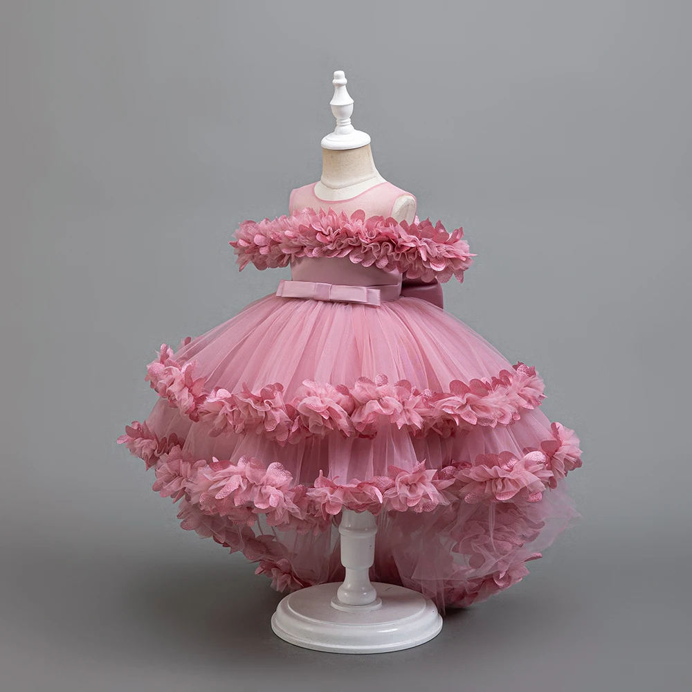 Trailing Girls Party Dress Formal Pink Wedding Bridesmaid Birthday Dresess for Kids Christmas Children's Tutu Gowns
