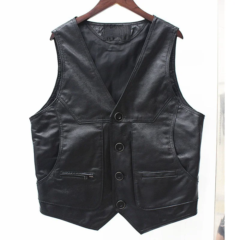 

Waistcoat Multi Cowhide Pocket Mens Suit Dress Vest Genuine Leather Weskit Vest For Big and Tall Man Real Leather Blazer Vest