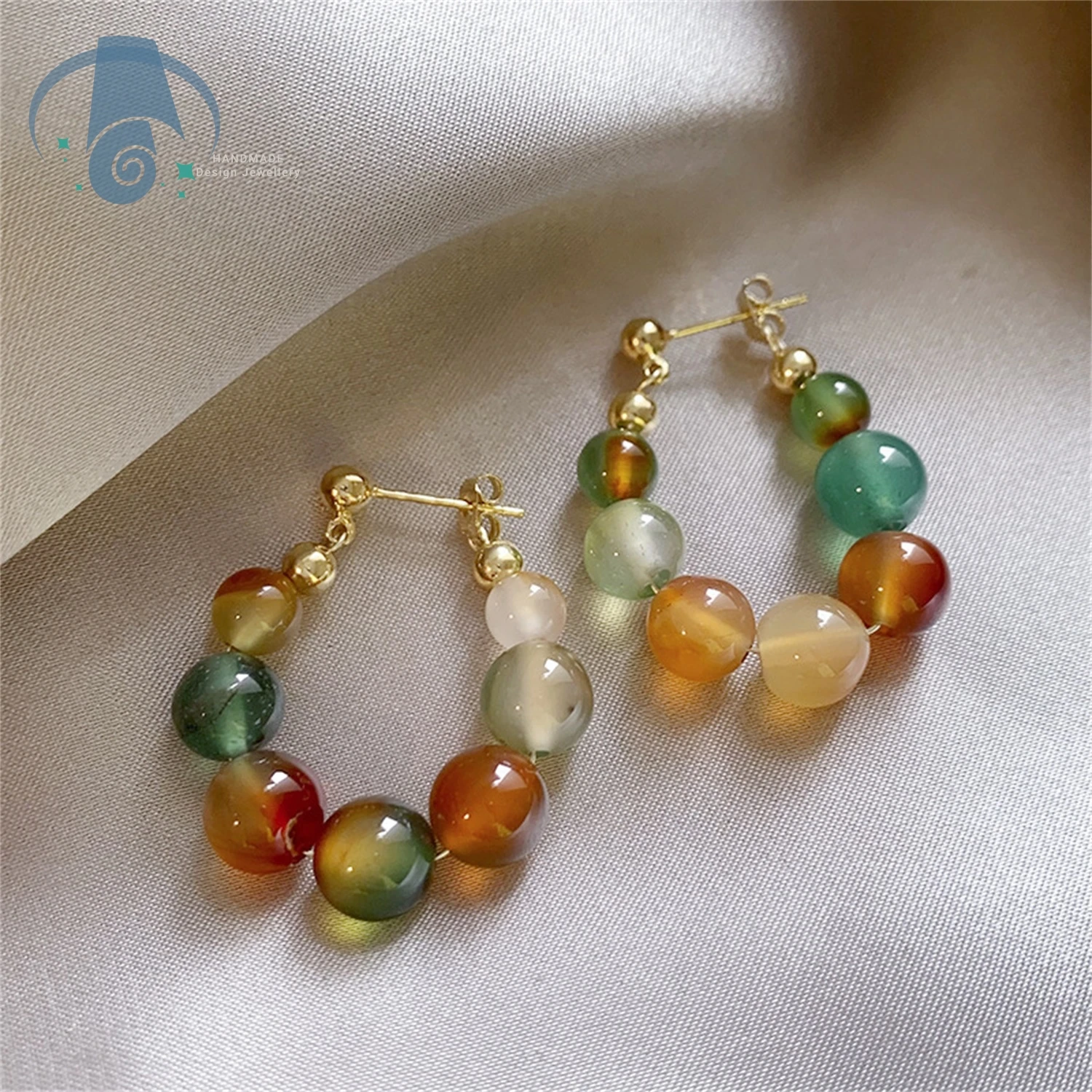 Colorful Beaded Jade Earrings Women New Chinese Style Ethnic Design Elegant Handmade Ear Studs with Gemstones Minority Fashion